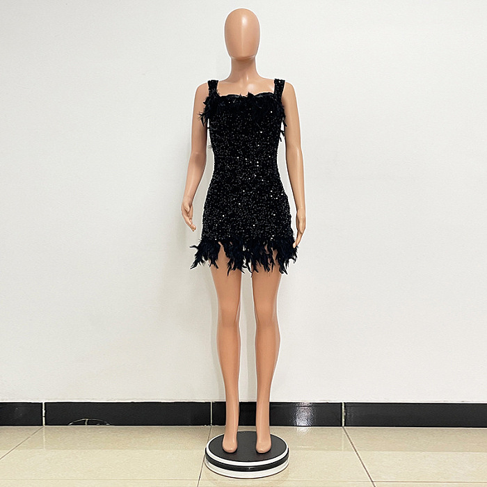 SUPER WHOLESALE | Feather Hem Bling Bling Strapless Dress