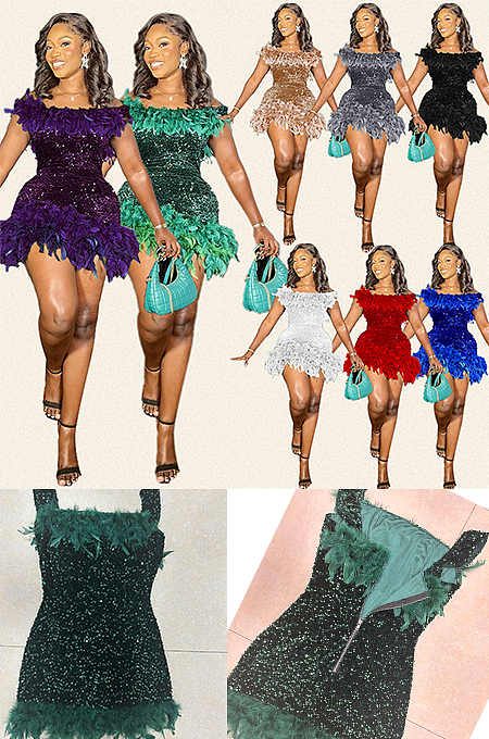 SUPER WHOLESALE | Feather Hem Bling Bling Strapless Dress