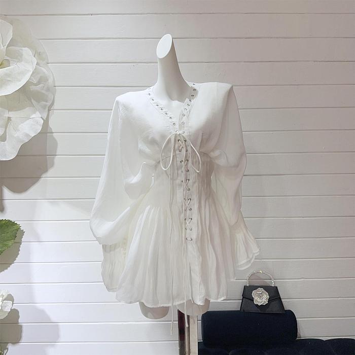 SUPER WHOLESALE | Lace Up Lotus Hem Long Sleeve Dress
