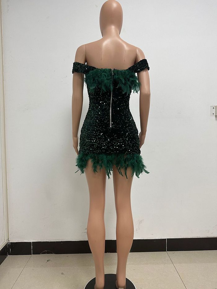 SUPER WHOLESALE | Feather Hem Bling Bling Strapless Dress