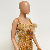 SUPER WHOLESALE | Feather Hem Bling Bling Strapless Dress