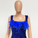 SUPER WHOLESALE | Feather Hem Bling Bling Strapless Dress