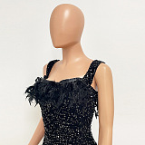 SUPER WHOLESALE | Feather Hem Bling Bling Strapless Dress