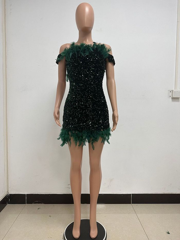 SUPER WHOLESALE | Feather Hem Bling Bling Strapless Dress