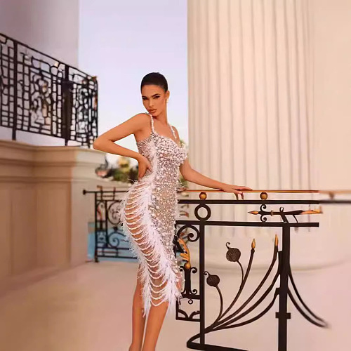 SUPER WHOLESALE | Beaded Feather Party Maxi Dress