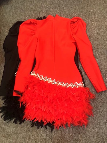 SUPER WHOLESALE | Lanter Shoulder Feather Hem Dress