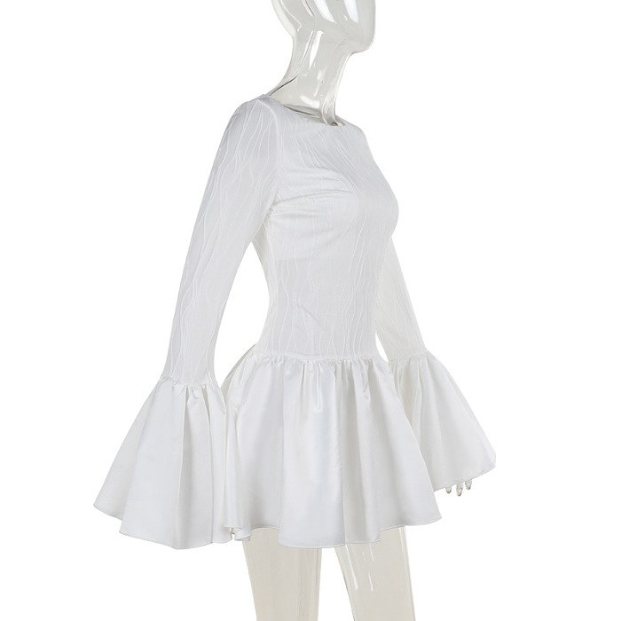 SUPER WHOLESALE | Slim Fit Textured Long Sleeve Ruffle Hem Mini Dress f