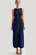 SUPER WHOLESALE | Sleeveless Round Neck Slim Fit Knitted Dress in Blue