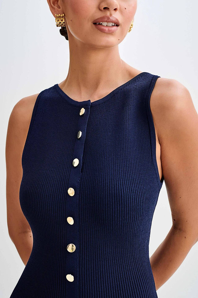 SUPER WHOLESALE | Sleeveless Round Neck Slim Fit Knitted Dress in Blue