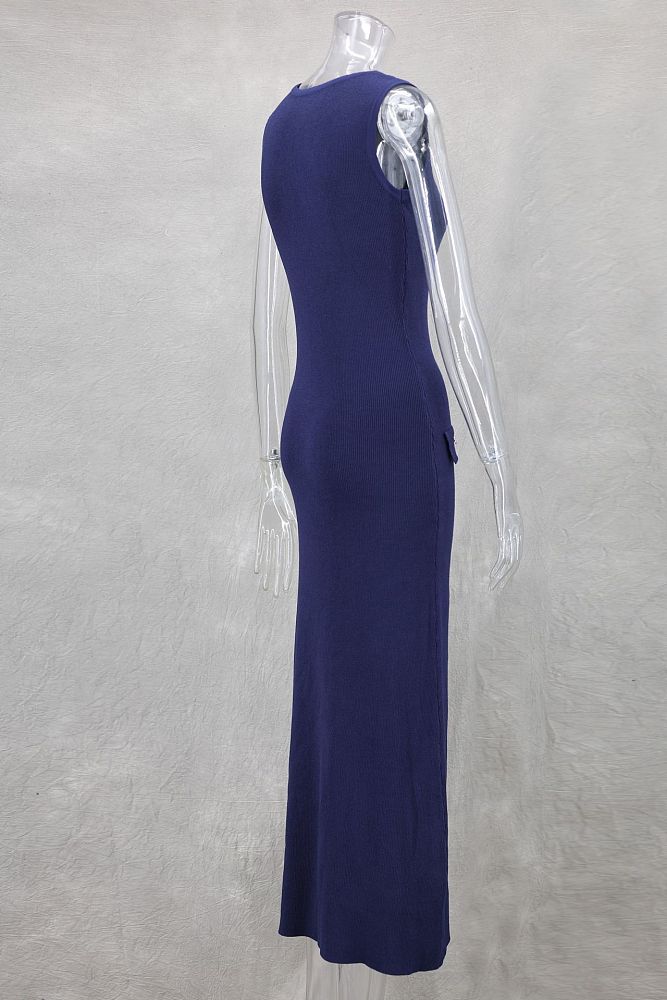 SUPER WHOLESALE | Sleeveless Round Neck Slim Fit Knitted Dress in Blue