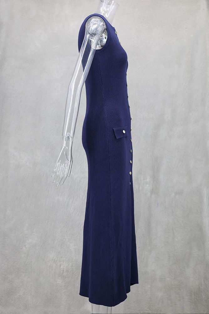 SUPER WHOLESALE | Sleeveless Round Neck Slim Fit Knitted Dress in Blue