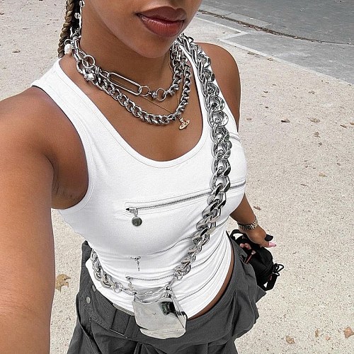 SUPER WHOLESALE | Lace Hollow Irregular Zip Tank Top