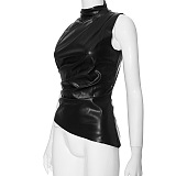 SUPER WHOLESALE | Layered Collar Pu Material Off-shoulder Top in Black