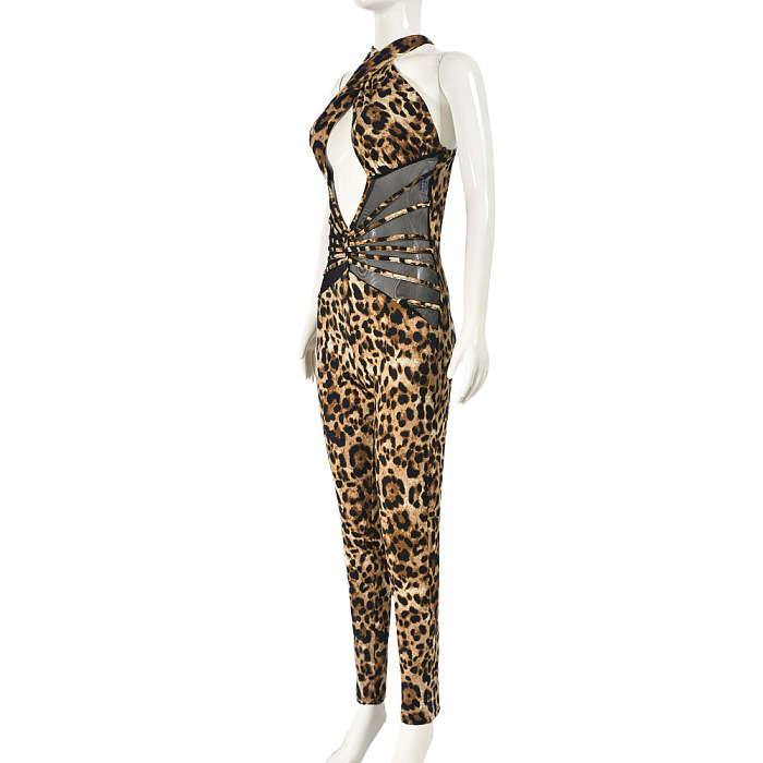 SUPER WHOLESALE | Sheer Mesh Patchwork Leopard Print Backless Jumpsuit