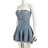 SUPER WHOLESALE | Zipper Lace-up Strapless Sexy Mini Dress with Transparent Straps and Ruffled Hem