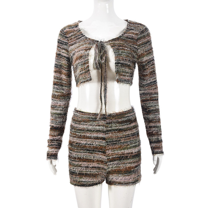 SUPER WHOLESALE | Long Sleeve Fashion Two-piece Set with Pine Needle Fleece, Cropped Hollow Out Top, and Tie Details