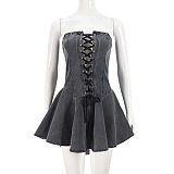 SUPER WHOLESALE | Zipper Lace-up Strapless Sexy Mini Dress with Transparent Straps and Ruffled Hem