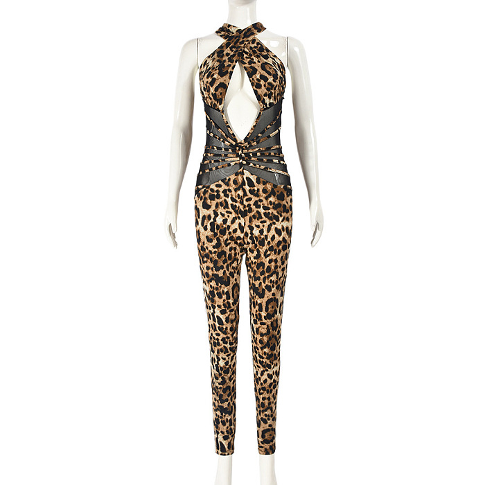 SUPER WHOLESALE | Sheer Mesh Patchwork Leopard Print Backless Jumpsuit