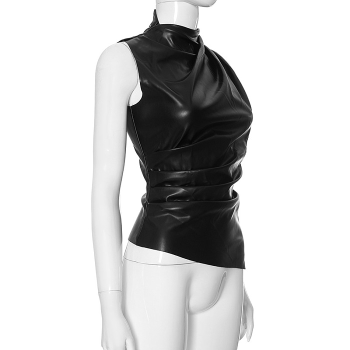 SUPER WHOLESALE | Layered Collar Pu Material Off-shoulder Top in Black
