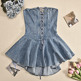 SUPER WHOLESALE | Zipper Lace-up Strapless Sexy Mini Dress with Transparent Straps and Ruffled Hem