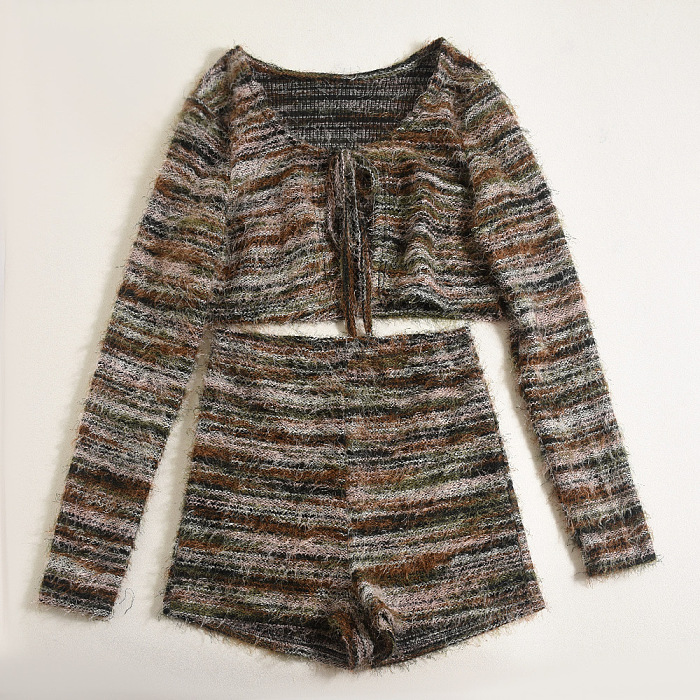 SUPER WHOLESALE | Long Sleeve Fashion Two-piece Set with Pine Needle Fleece, Cropped Hollow Out Top, and Tie Details