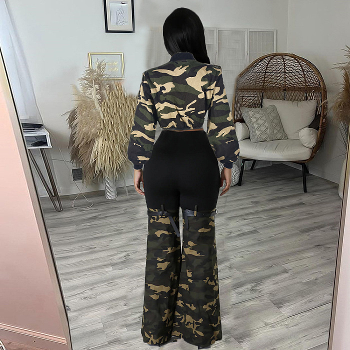 Copy SUPER WHOLESALE | Camo Long Sleeve Cut-Out Waist Stretch Denim Belted Pants Set