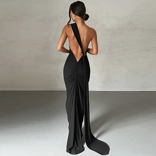 SUPER WHOLESALE | Backless Ruched Sleeveless Slim-Fit Solid Color Dress