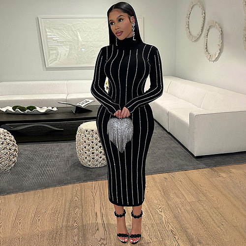 SUPER WHOLESALE | Rhinestone Slim-Fit High Neck Long Sleeve Dress