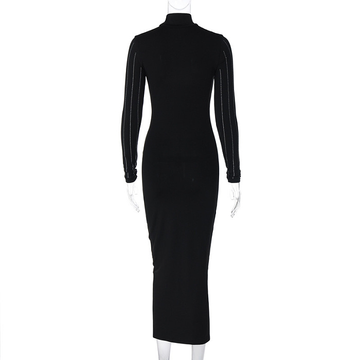 SUPER WHOLESALE | Rhinestone Slim-Fit High Neck Long Sleeve Dress