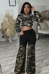 Copy SUPER WHOLESALE | Camo Long Sleeve Cut-Out Waist Stretch Denim Belted Pants Set