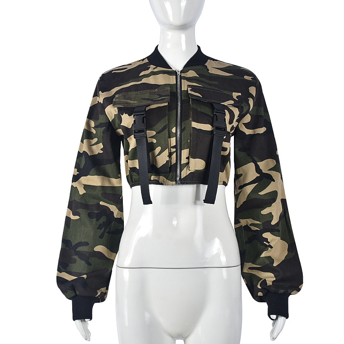 Copy SUPER WHOLESALE | Camo Long Sleeve Cut-Out Waist Stretch Denim Belted Pants Set