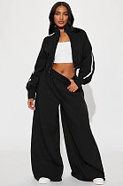 SUPER WHOLESALE |  Crop Tracking Top & Loose Pants Set  Black