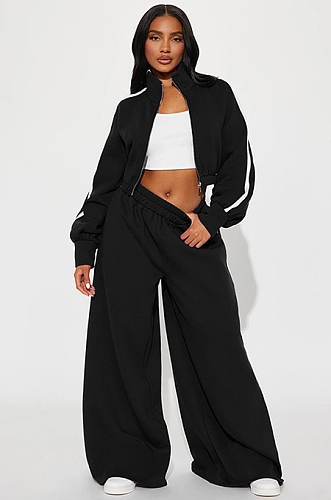 SUPER WHOLESALE |  Crop Tracking Top & Loose Pants Set  Black