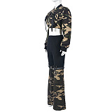 Copy SUPER WHOLESALE | Camo Long Sleeve Cut-Out Waist Stretch Denim Belted Pants Set