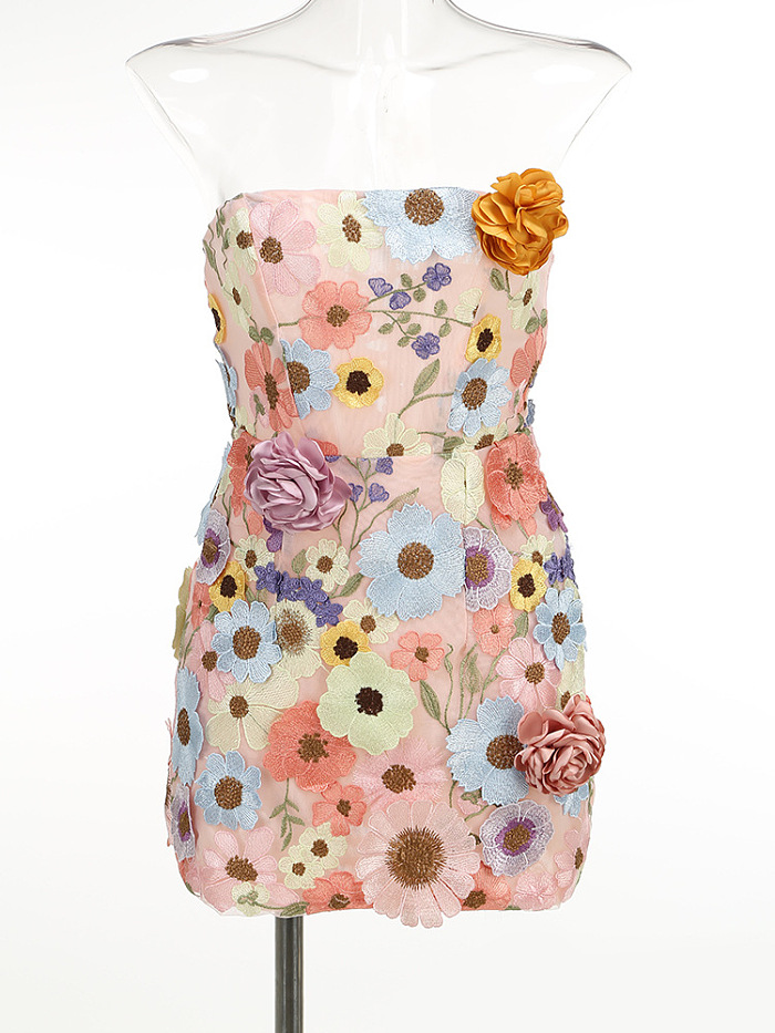SUPER WHOLESALE | Floral Embroidered Strapless Slim-fit Dress