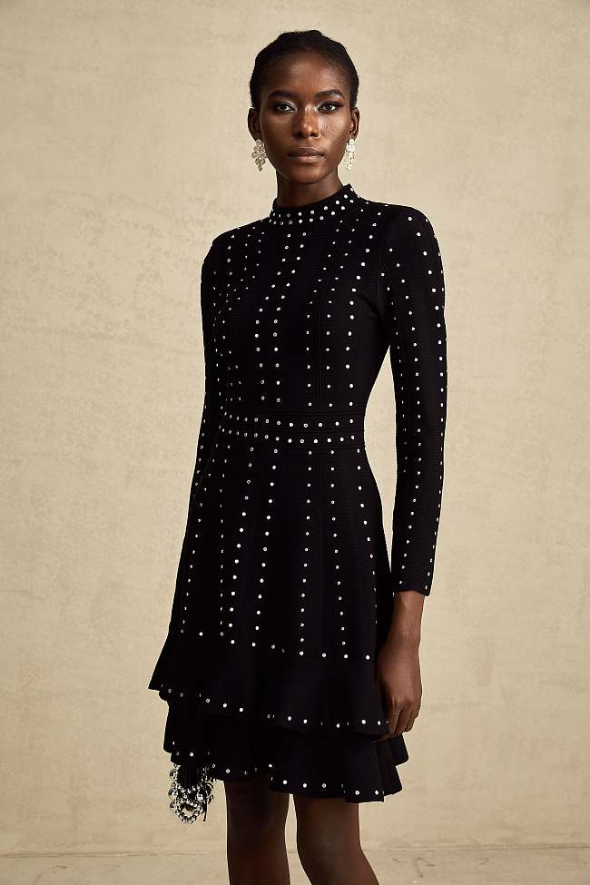 SUPER WHOLESALE | Fabienne black Crystal-embellished Ruffled Knitted Mini Dress
