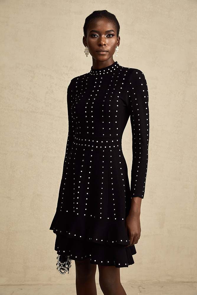 SUPER WHOLESALE | Fabienne black Crystal-embellished Ruffled Knitted Mini Dress
