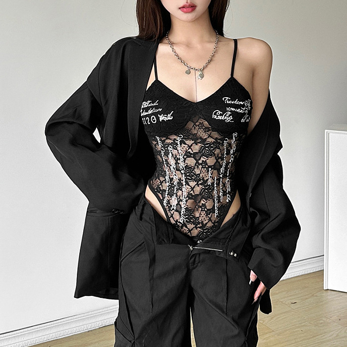 SUPER WHOLESALE |  Lace Strappy Corset in Black