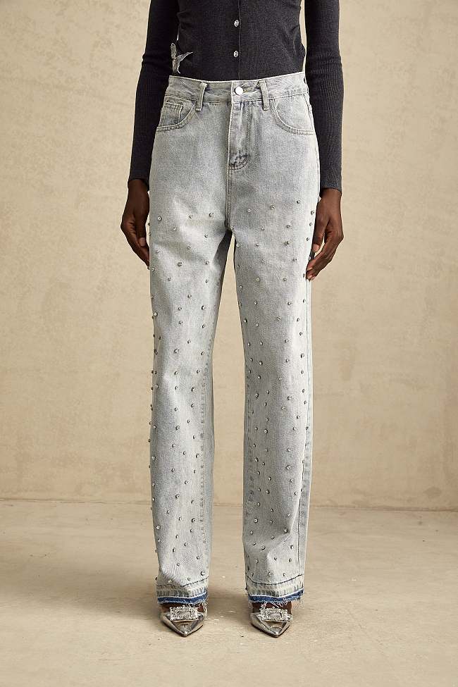 SUPER WHOLESALE | high-rise wide-leg rhinestone-embellished jeans