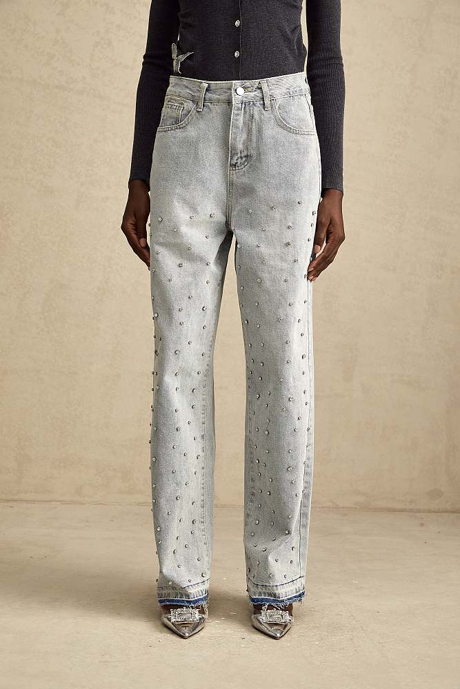 SUPER WHOLESALE | high-rise wide-leg rhinestone-embellished jeans