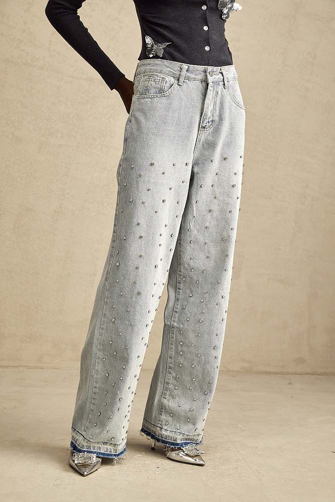 SUPER WHOLESALE | high-rise wide-leg rhinestone-embellished jeans