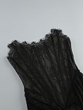 SUPER WHOLESALE | Elegant Lace Sheer Panel Feather Trim Strapless Waist-Cinching Gown