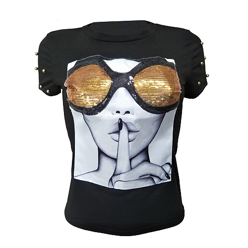 SUPER WHOLESALE | Sequin Printed Patch Beaded Short Sleeve T-Shirt