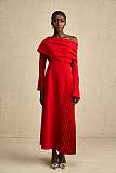 SUPER WHOLESALE | Valentine red high-slit pleated maxi dress