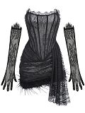 SUPER WHOLESALE | Elegant Lace Sheer Panel Feather Trim Strapless Waist-Cinching Gown