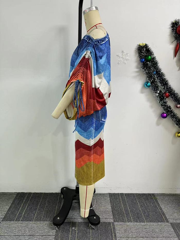 SUPER WHOLESALE | Printed Bat Shoulder Skirt Set