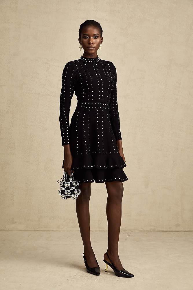 SUPER WHOLESALE | Fabienne black Crystal-embellished Ruffled Knitted Mini Dress