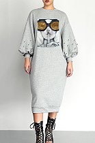 SUPER WHOLESALE | Bubble Sleeve Beaded Appliqué Long Sleeve Dress
