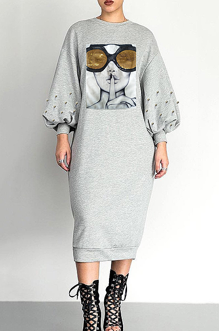 SUPER WHOLESALE | Bubble Sleeve Beaded Appliqué Long Sleeve Dress