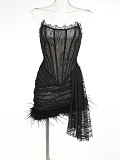 SUPER WHOLESALE | Elegant Lace Sheer Panel Feather Trim Strapless Waist-Cinching Gown